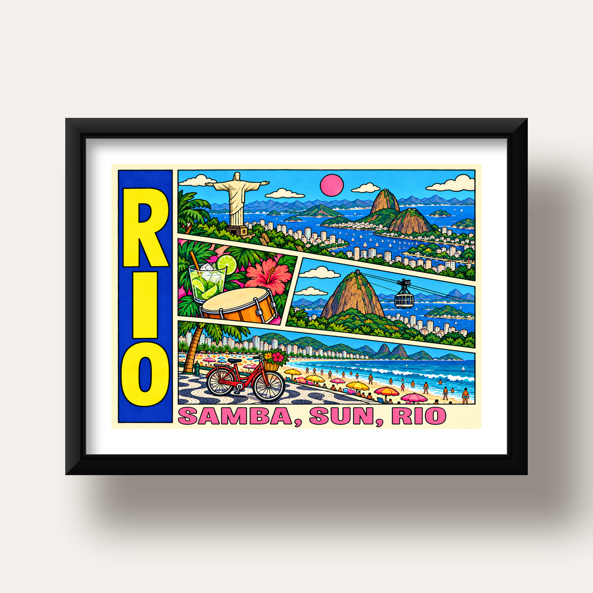 Renkli Rio de Janeiro Çizgi Roman Poster – Enerjik Dekor — siyah derin çerçeveli paspartulu