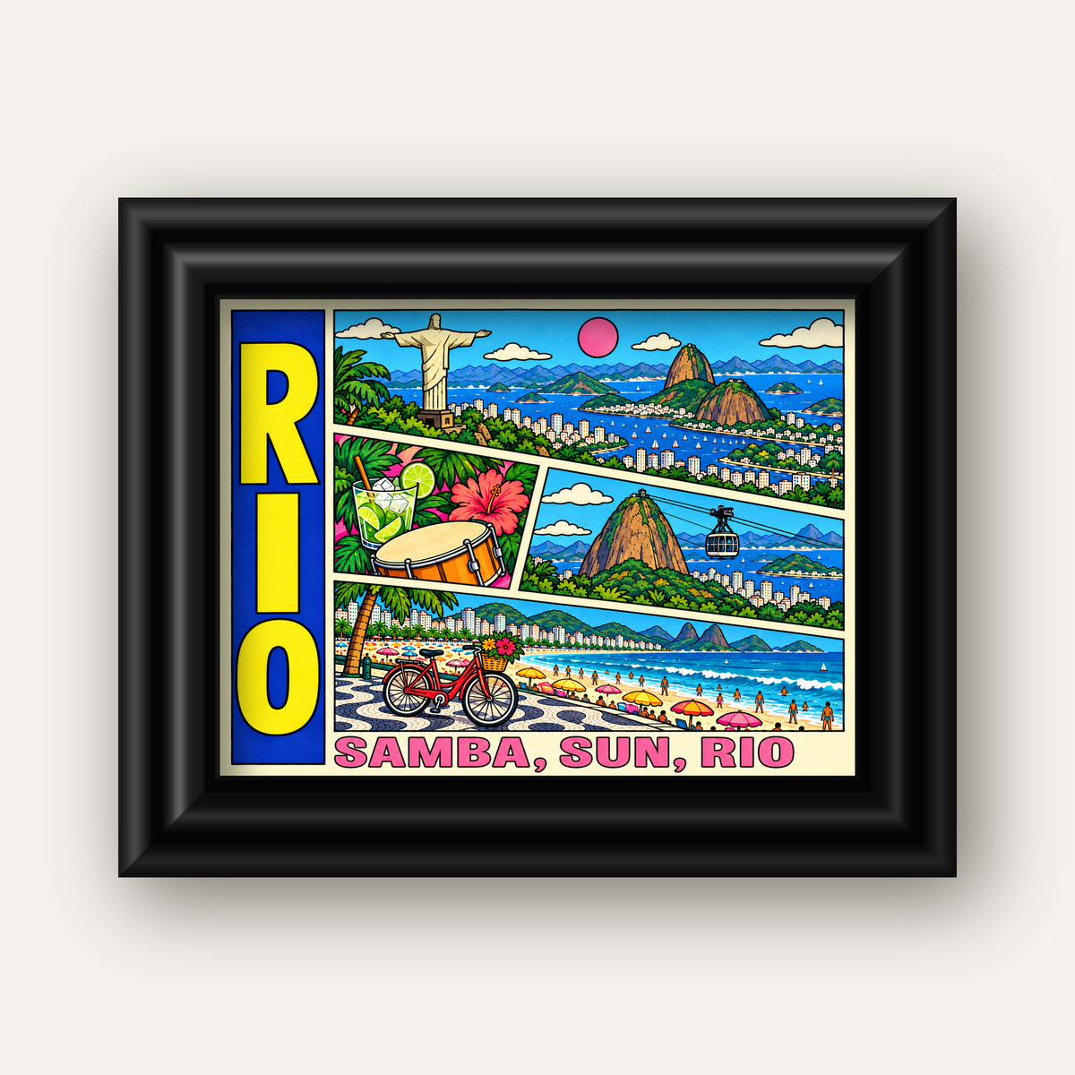 Renkli Rio de Janeiro Çizgi Roman Poster – Enerjik Dekor — siyah galeri çerçeveli