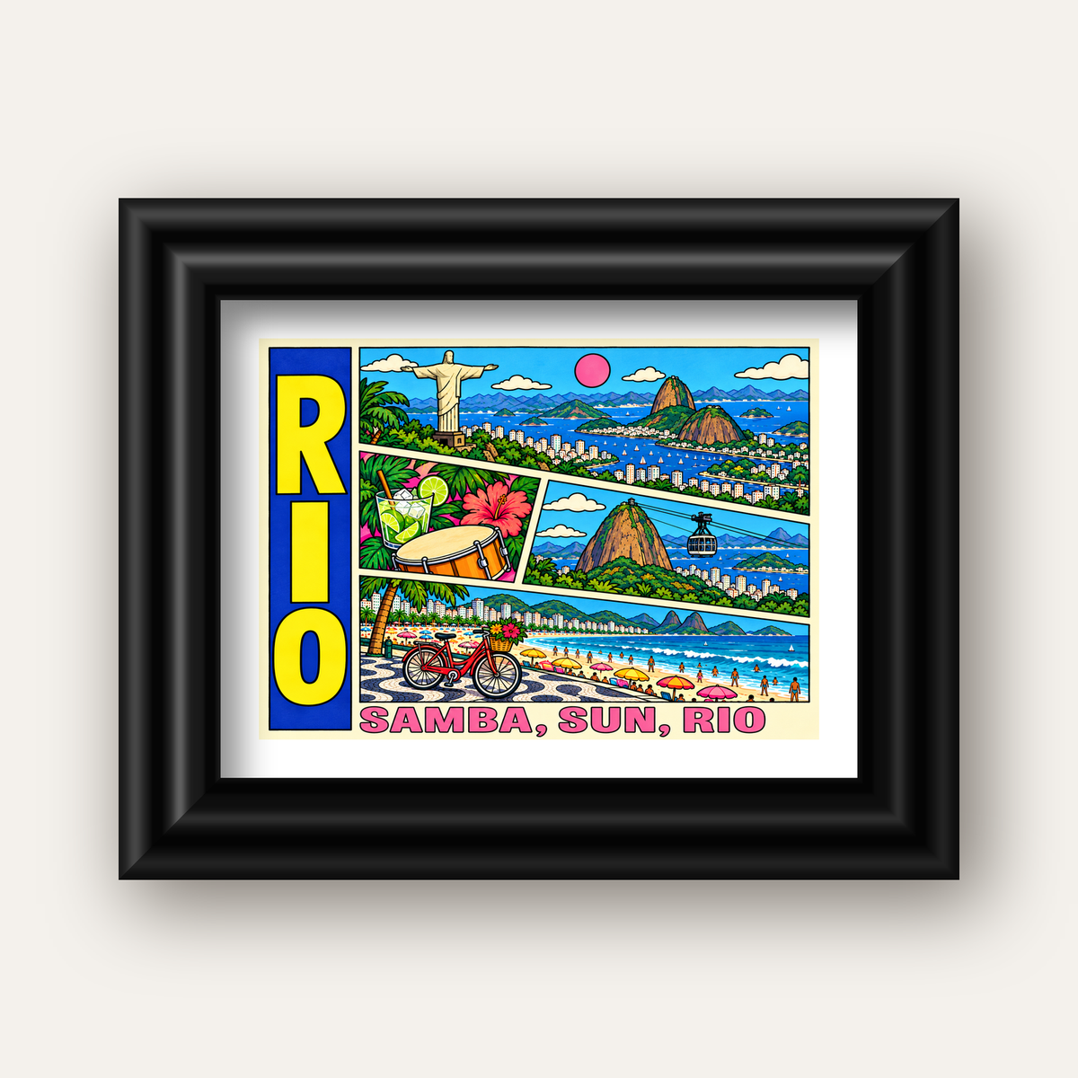 Renkli Rio de Janeiro Çizgi Roman Poster – Enerjik Dekor — siyah galeri çerçeveli paspartulu