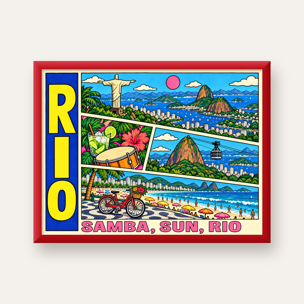 Renkli Rio de Janeiro Çizgi Roman Poster – Enerjik Dekor — kırmızı çerçeveli