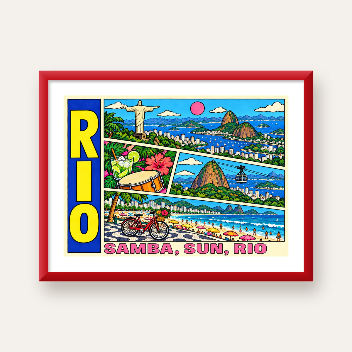 Renkli Rio de Janeiro Çizgi Roman Poster – Enerjik Dekor — kırmızı çerçeveli paspartulu