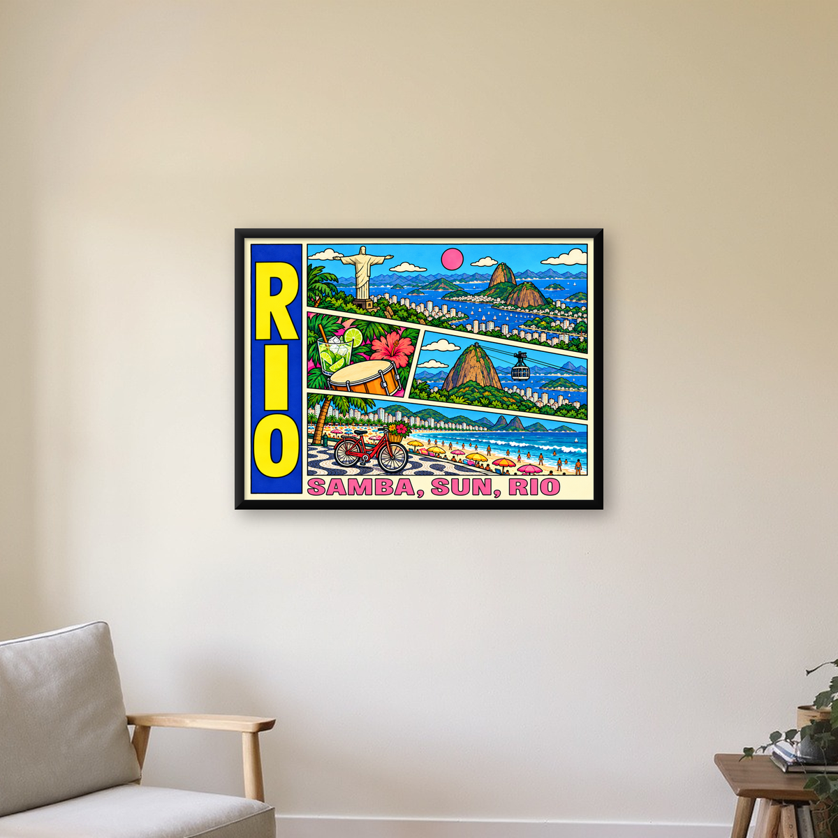 Renkli Rio de Janeiro Çizgi Roman Poster – Enerjik Dekor — Yatay baskı, çerçeveli hâliyle bir ev duvarında