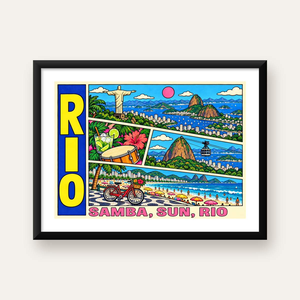 Renkli Rio de Janeiro Çizgi Roman Poster – Enerjik Dekor — Yatay baskı, beyaz paspartulu