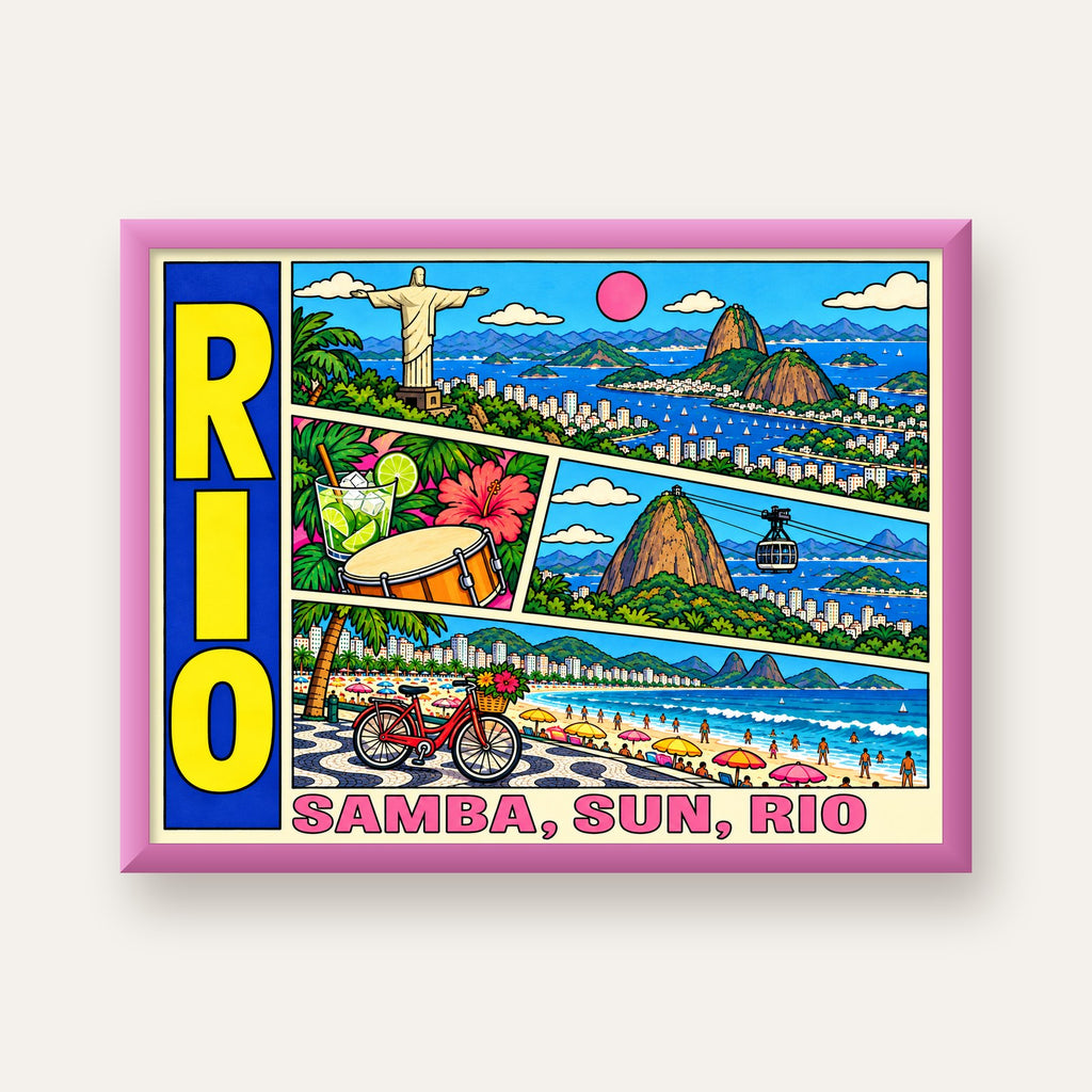 Renkli Rio de Janeiro Çizgi Roman Poster – Enerjik Dekor — pembe çerçeveli