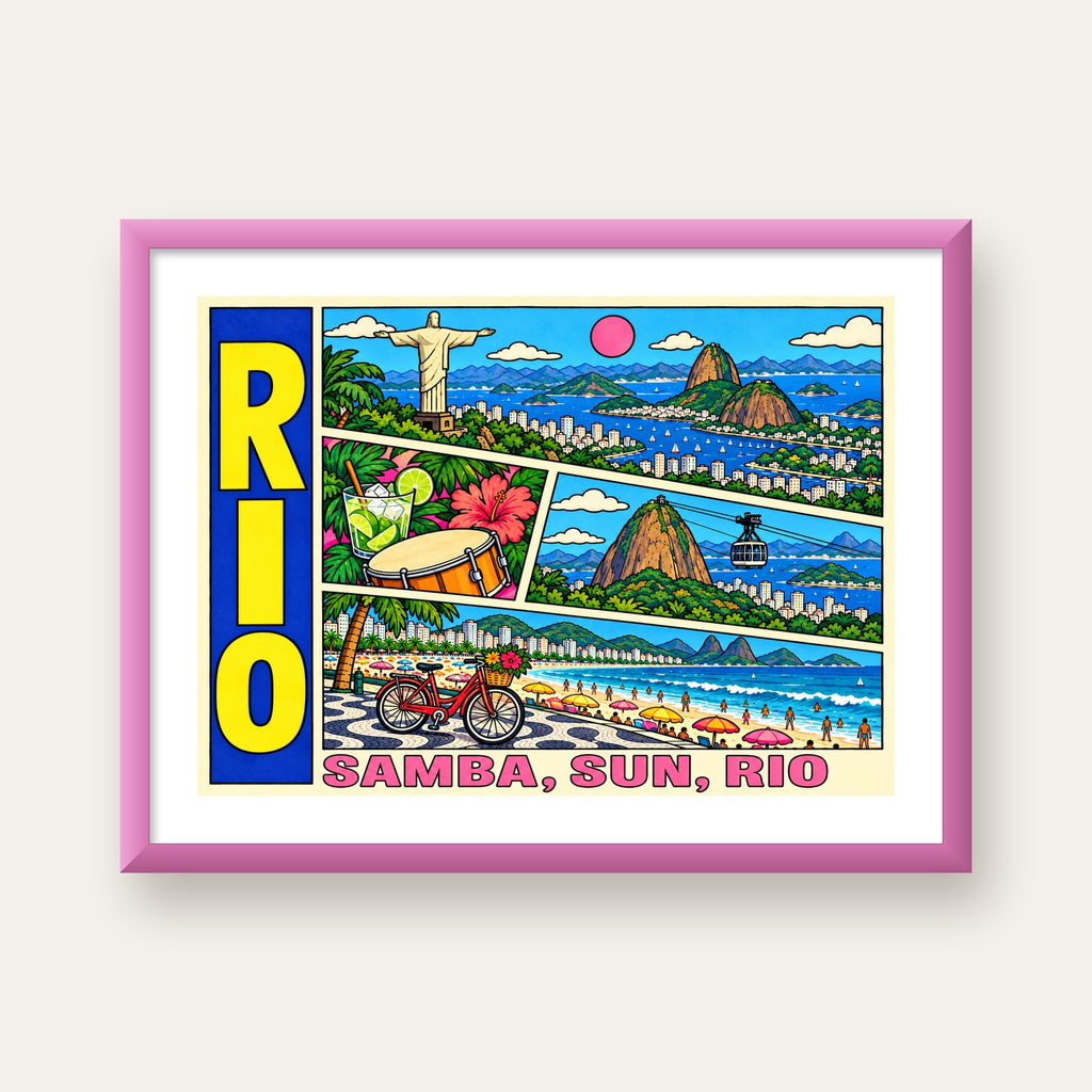Renkli Rio de Janeiro Çizgi Roman Poster – Enerjik Dekor — pembe çerçeveli paspartulu