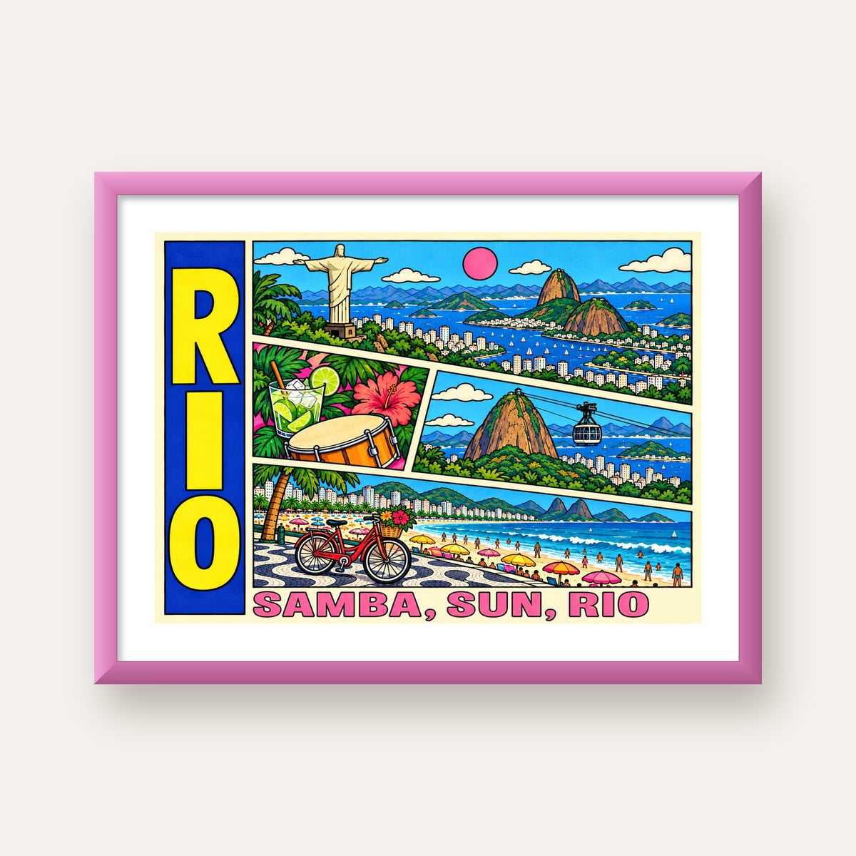 Renkli Rio de Janeiro Çizgi Roman Poster – Enerjik Dekor — pembe çerçeveli paspartulu