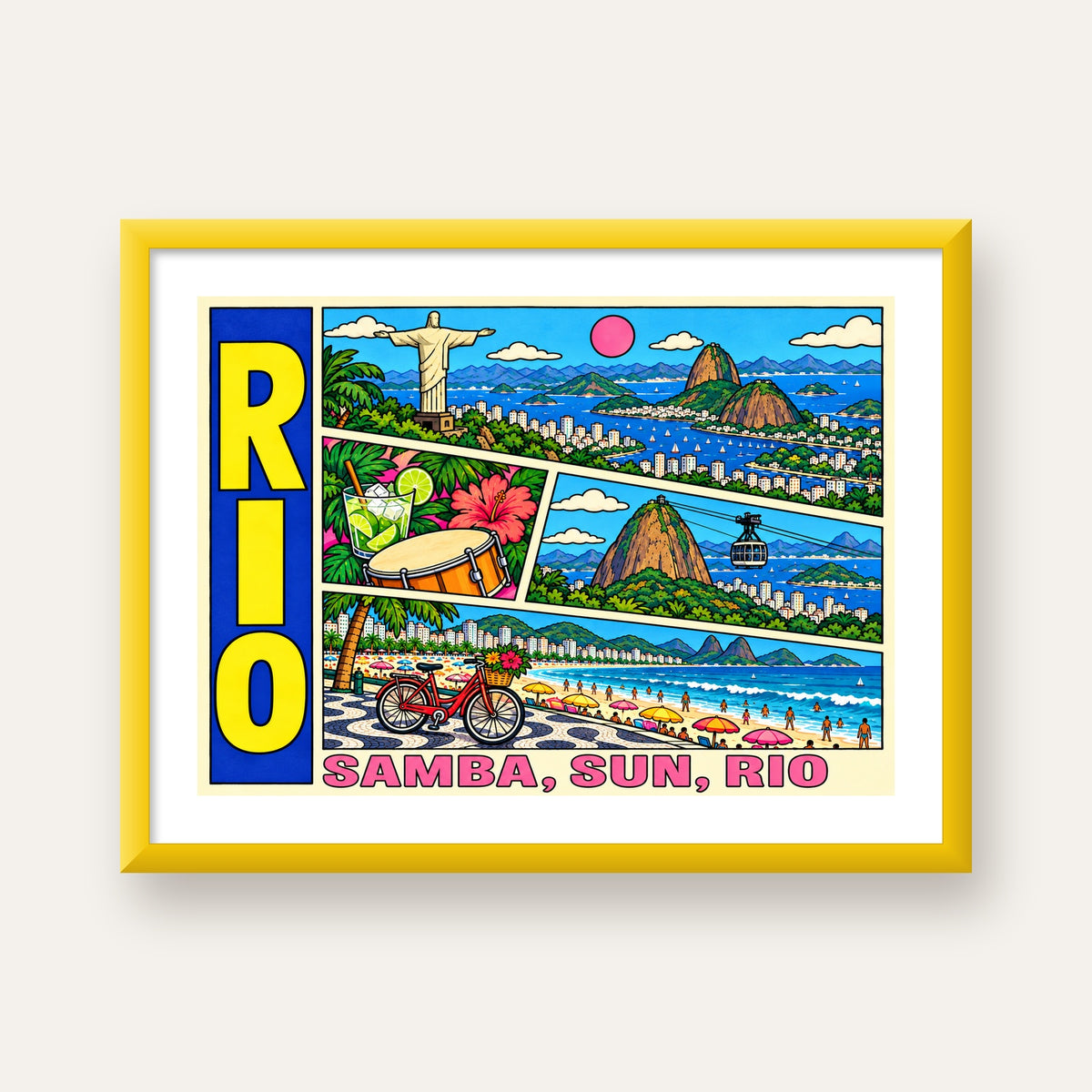 Renkli Rio de Janeiro Çizgi Roman Poster – Enerjik Dekor — sarı çerçeveli paspartulu