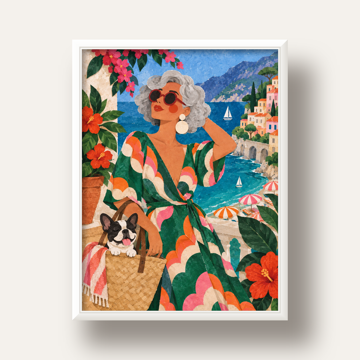 Retro Akdeniz Yaz Tatili Poster – Renkli Kolaj Sanat Baskısı — beyaz derin çerçeveli