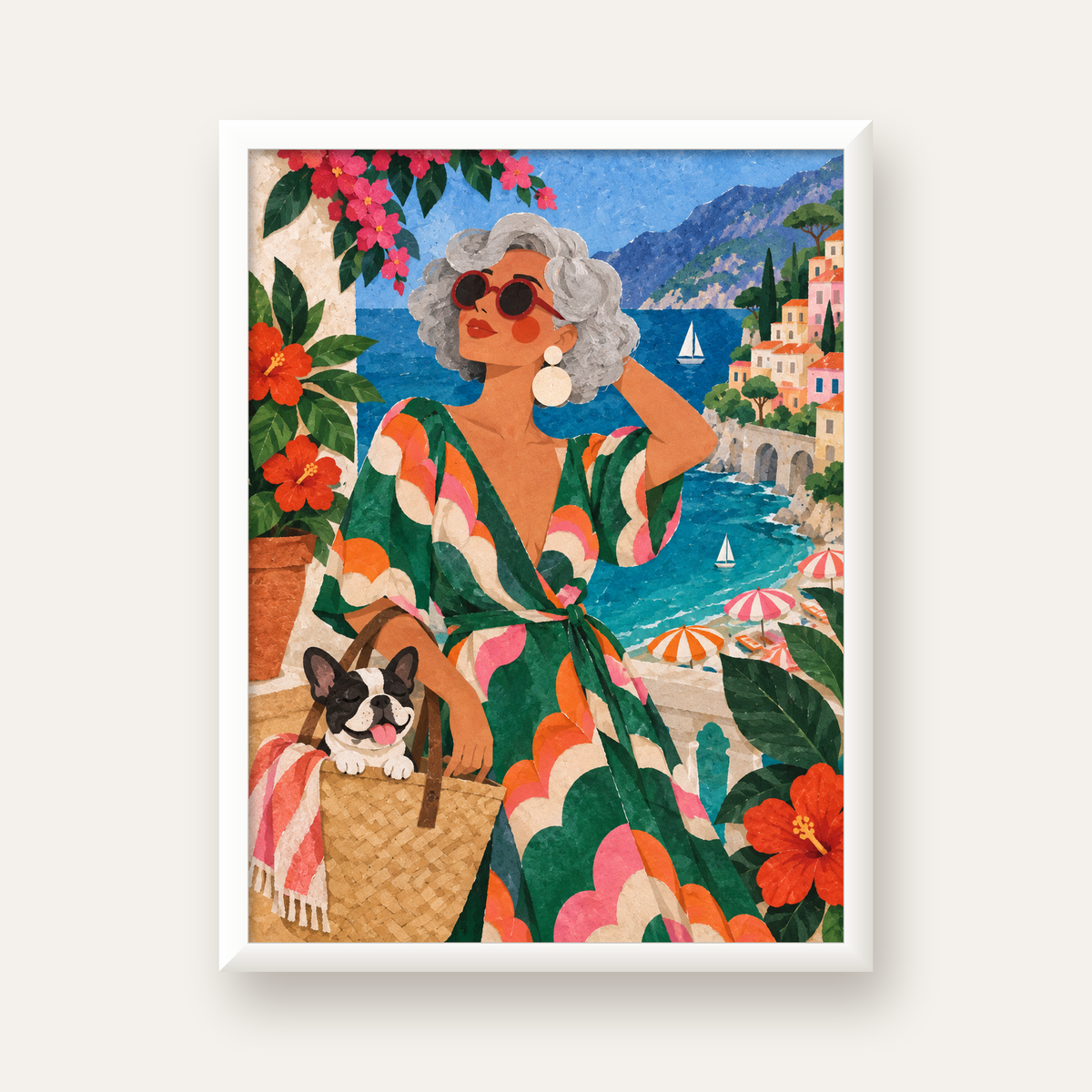 Retro Akdeniz Yaz Tatili Poster – Renkli Kolaj Sanat Baskısı — beyaz çerçeveli dikey poster