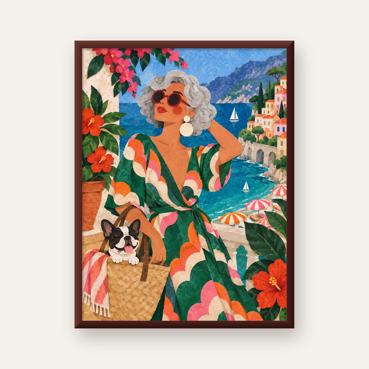 Retro Akdeniz Yaz Tatili Poster – Renkli Kolaj Sanat Baskısı — ceviz çerçeveli