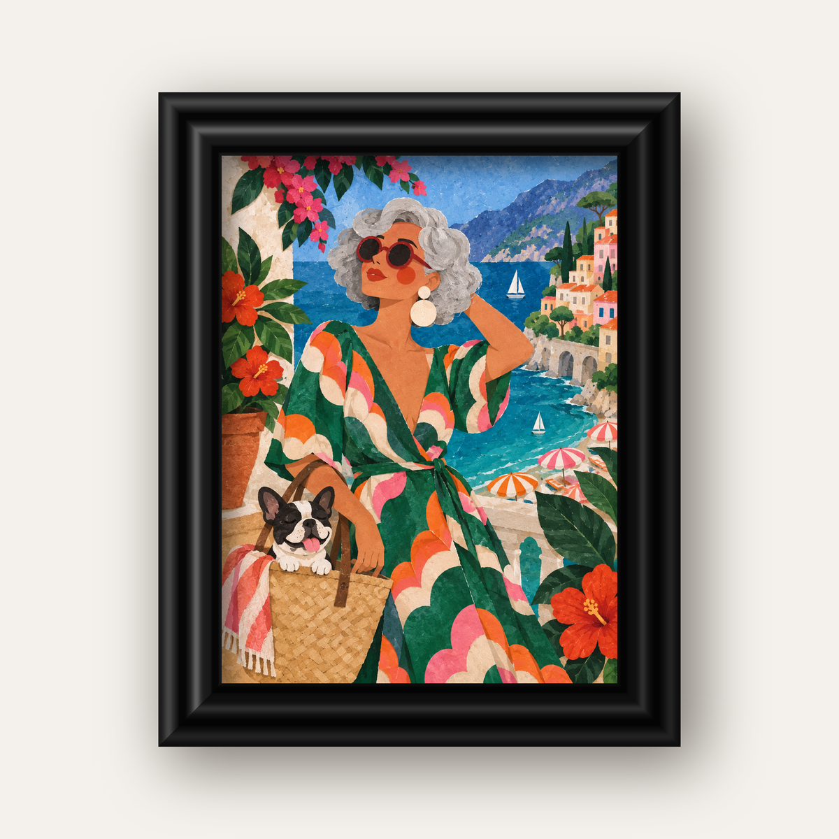 Retro Akdeniz Yaz Tatili Poster – Renkli Kolaj Sanat Baskısı — siyah galeri çerçeveli