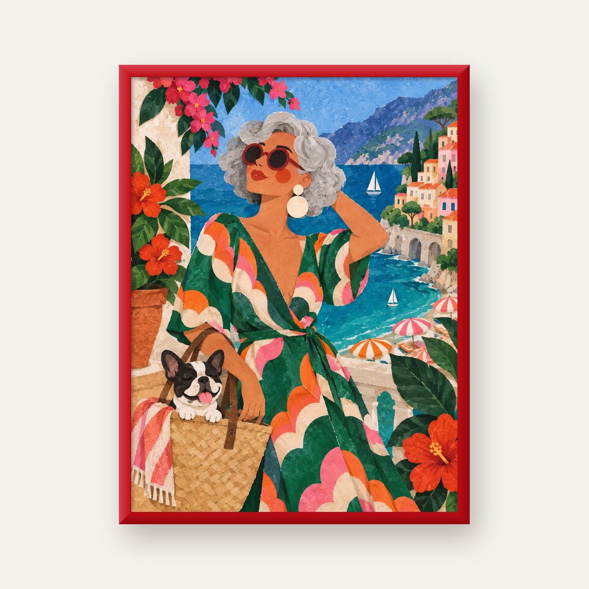 Retro Akdeniz Yaz Tatili Poster – Renkli Kolaj Sanat Baskısı — kırmızı çerçeveli