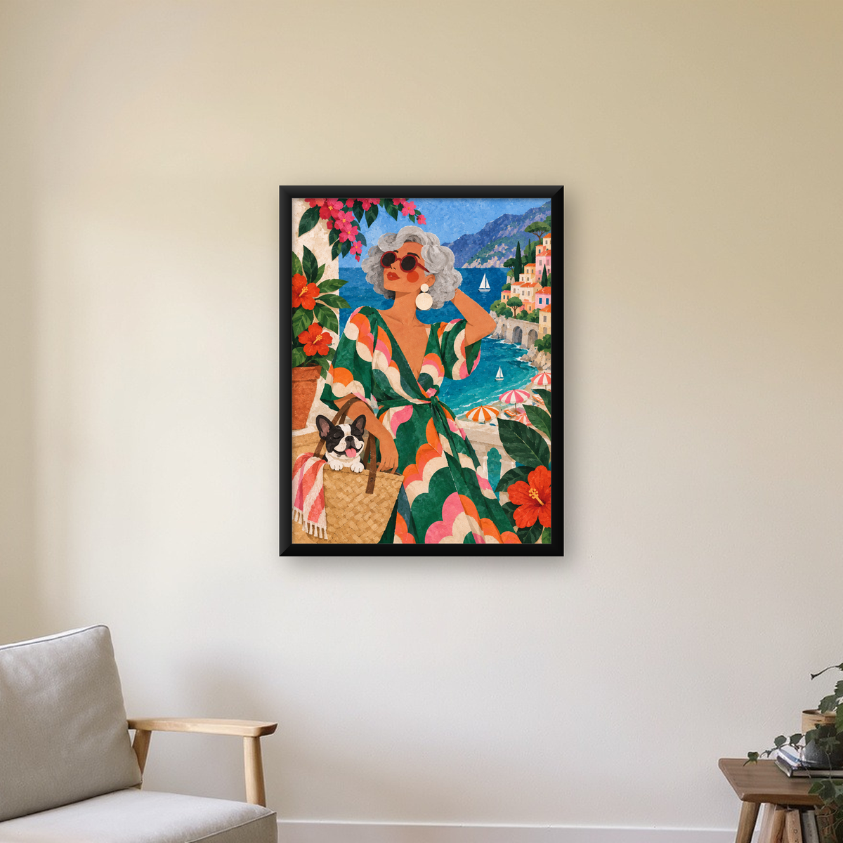 Retro Akdeniz Yaz Tatili Poster – Renkli Kolaj Sanat Baskısı — Dikey baskı, çerçeveli hâliyle bir ev duvarında