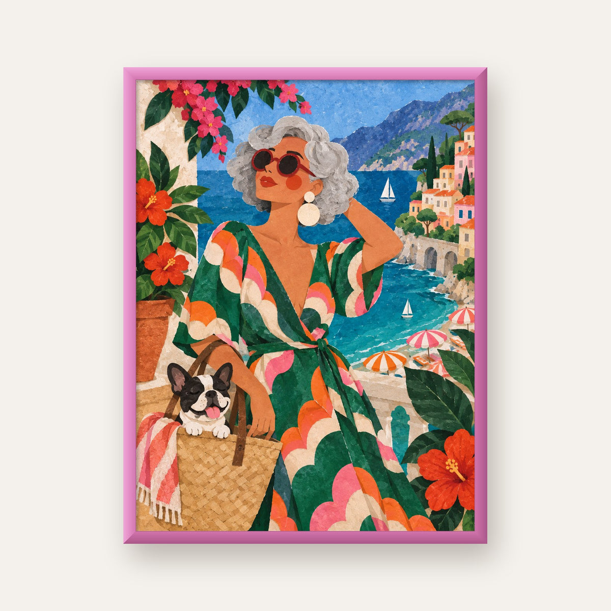 Retro Akdeniz Yaz Tatili Poster – Renkli Kolaj Sanat Baskısı — pembe çerçeveli