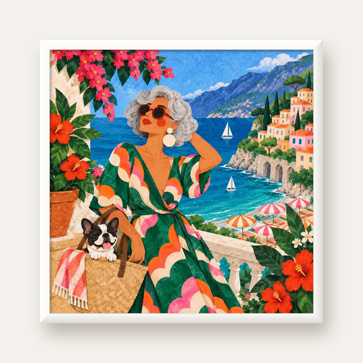 Retro Akdeniz Yaz Tatili Poster – Renkli Kolaj Sanat Baskısı — beyaz çerçeveli kare poster