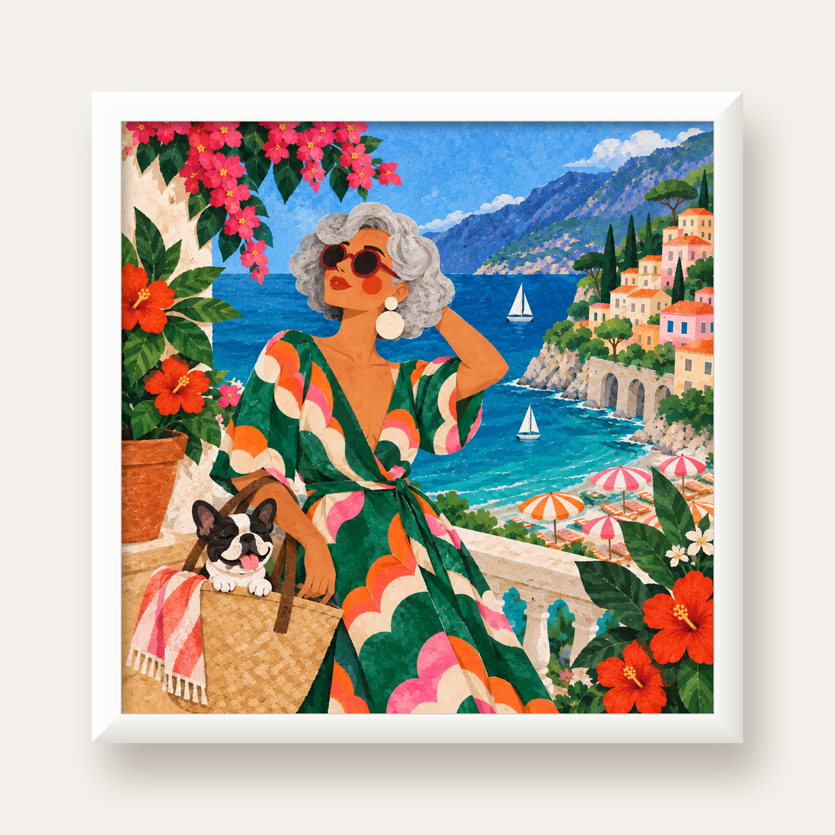 Retro Akdeniz Yaz Tatili Poster – Renkli Kolaj Sanat Baskısı — beyaz çerçeveli kare poster