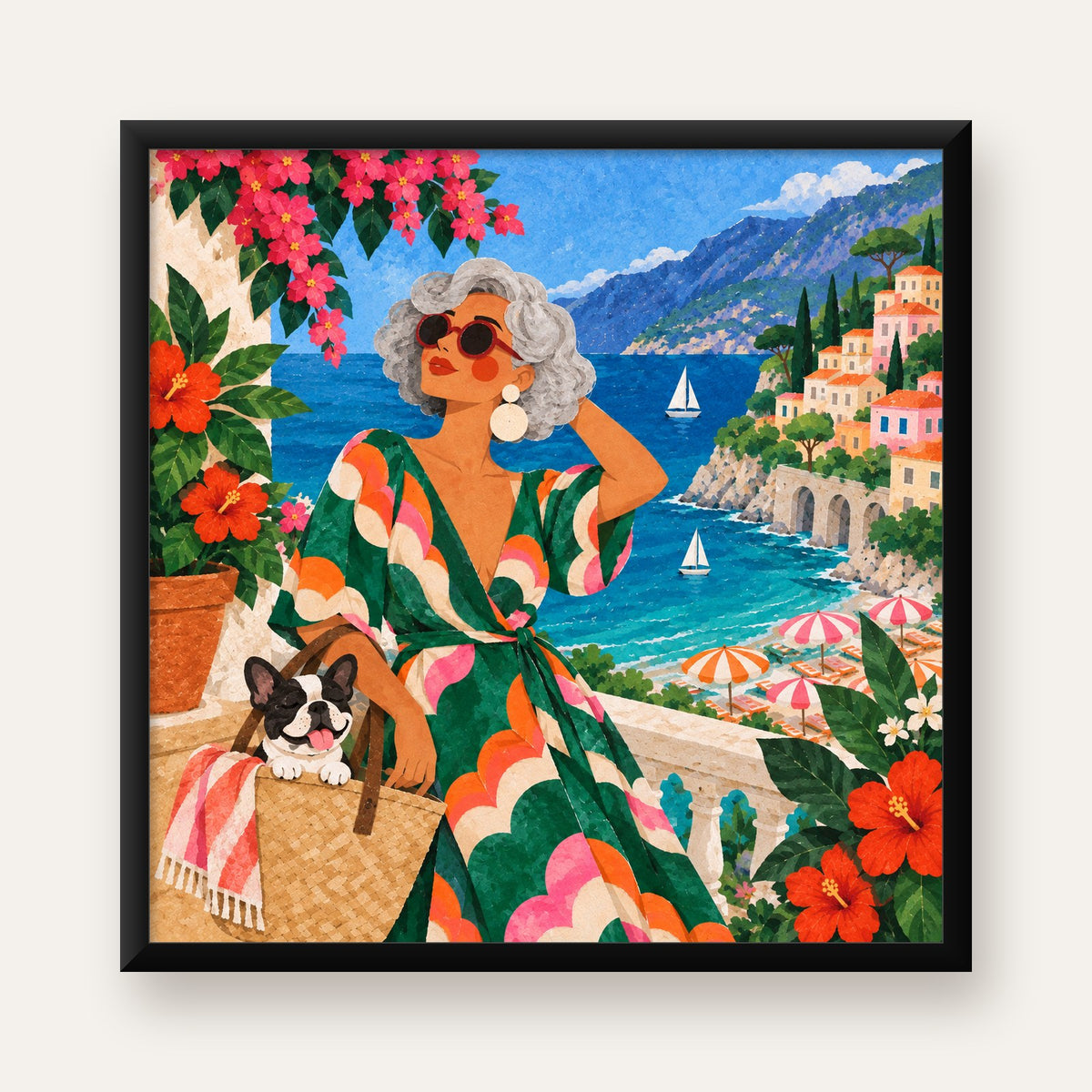 Retro Akdeniz Yaz Tatili Poster – Renkli Kolaj Sanat Baskısı — Kare baskı, düz siyah çerçeveli duvar posteri
