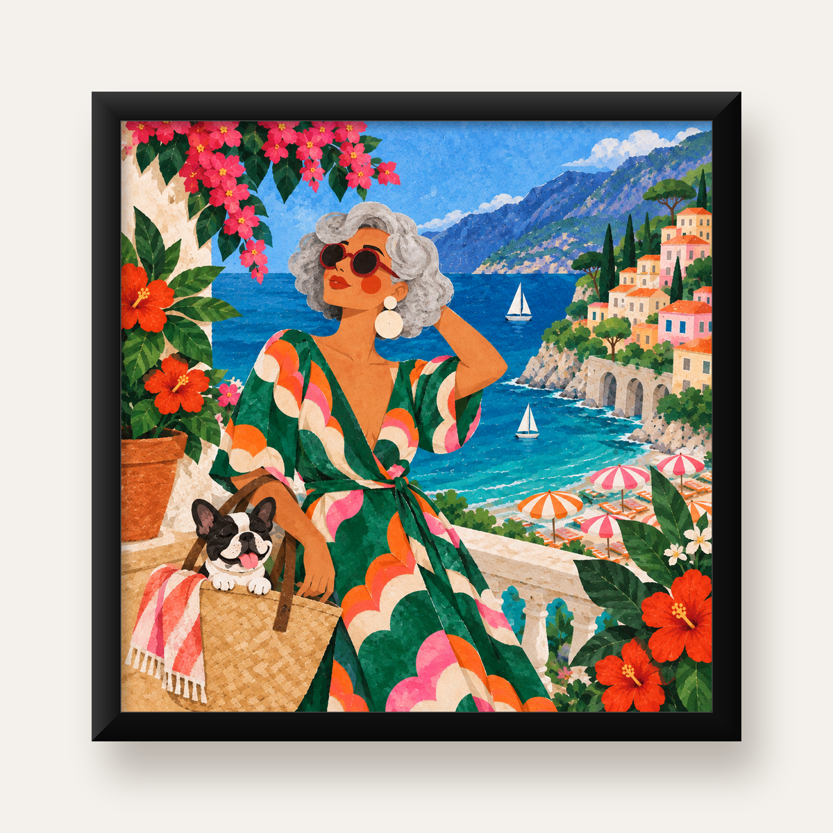 Retro Akdeniz Yaz Tatili Poster – Renkli Kolaj Sanat Baskısı — Kare baskı, düz siyah çerçeveli duvar posteri