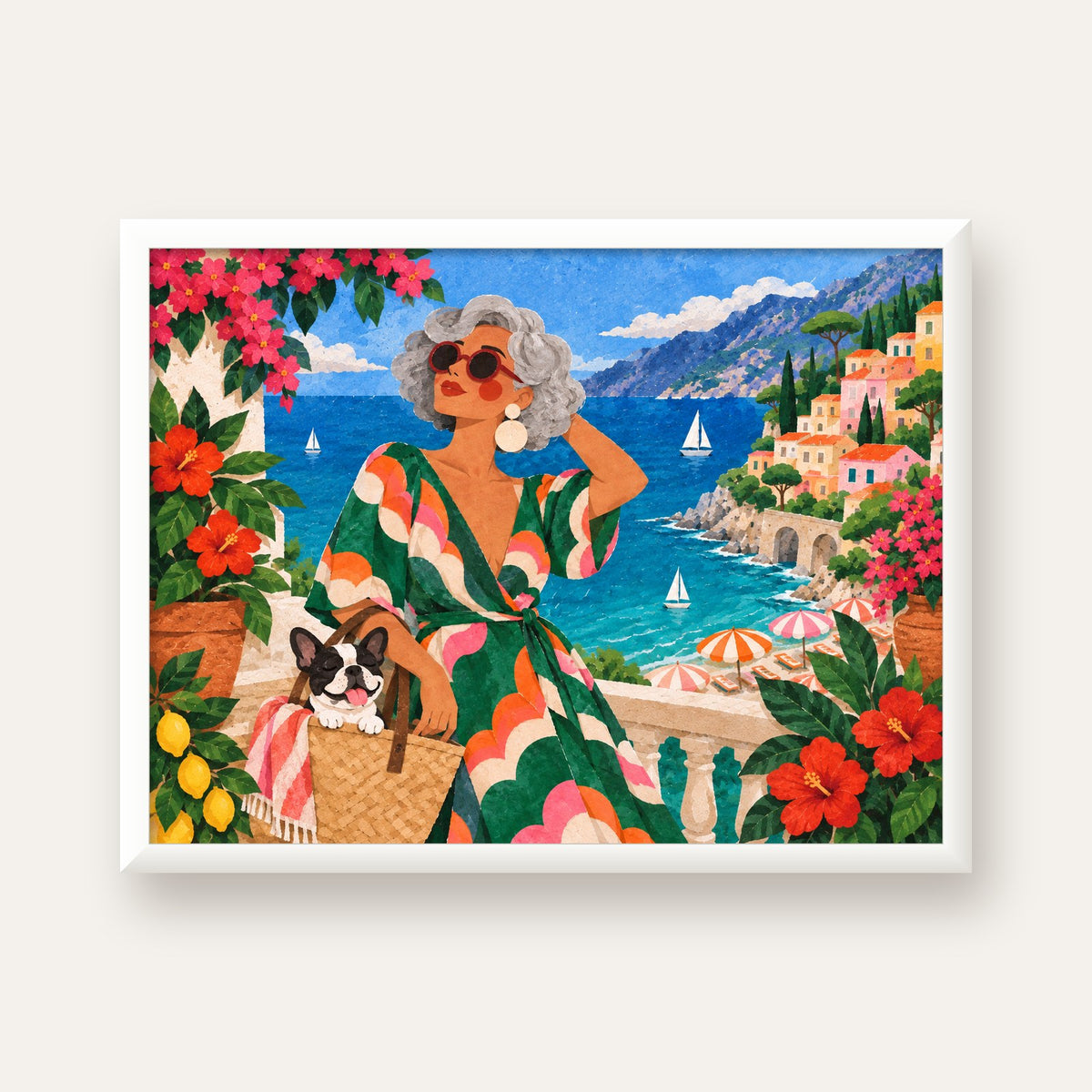 Retro Akdeniz Yaz Tatili Poster – Renkli Kolaj Sanat Baskısı — beyaz çerçeveli yatay poster