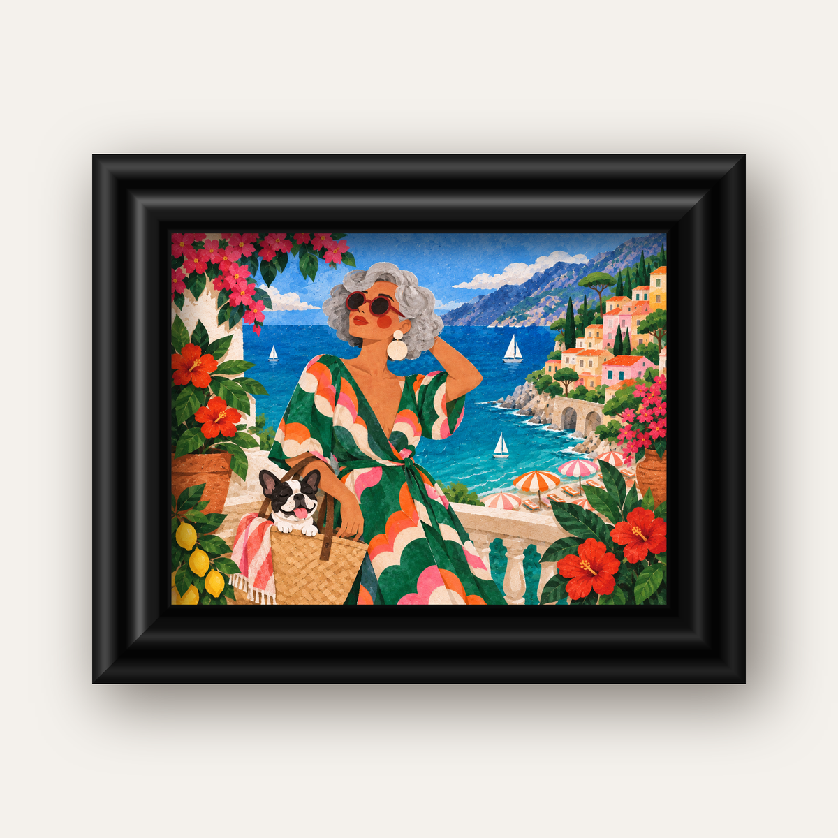 Retro Akdeniz Yaz Tatili Poster – Renkli Kolaj Sanat Baskısı — siyah galeri çerçeveli