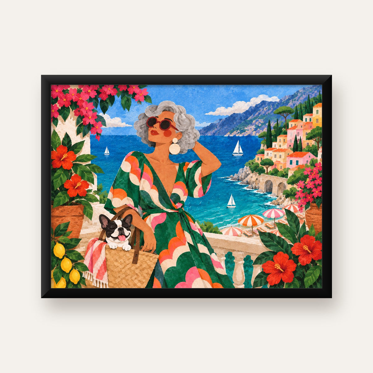 Retro Akdeniz Yaz Tatili Poster – Renkli Kolaj Sanat Baskısı — Yatay baskı, düz siyah çerçeveli duvar posteri