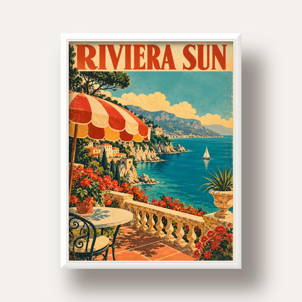 Riviera Sun Vintage Akdeniz Seyahat Afişi — beyaz derin çerçeveli