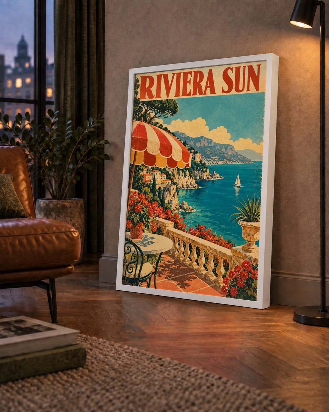 Riviera Sun Vintage Akdeniz Seyahat Afişi — çerçeveli hâliyle bir ev duvarında