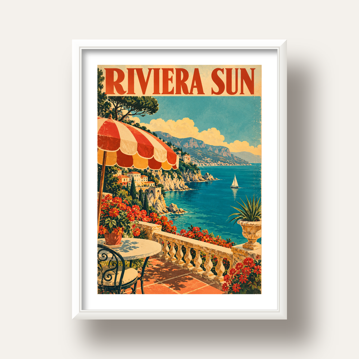 Riviera Sun Vintage Akdeniz Seyahat Afişi — beyaz derin çerçeveli paspartulu