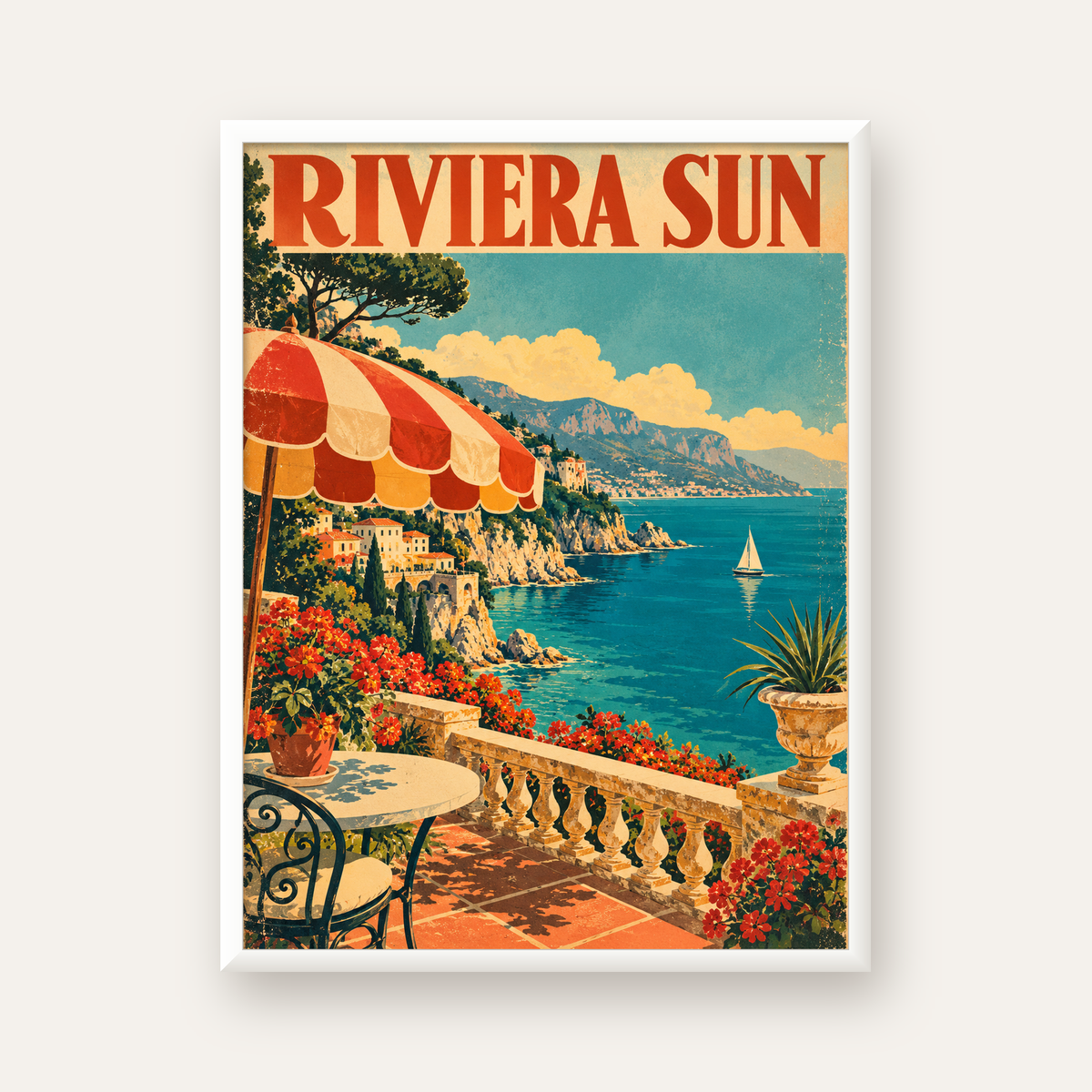 Riviera Sun Vintage Akdeniz Seyahat Afişi — beyaz çerçeveli dikey poster