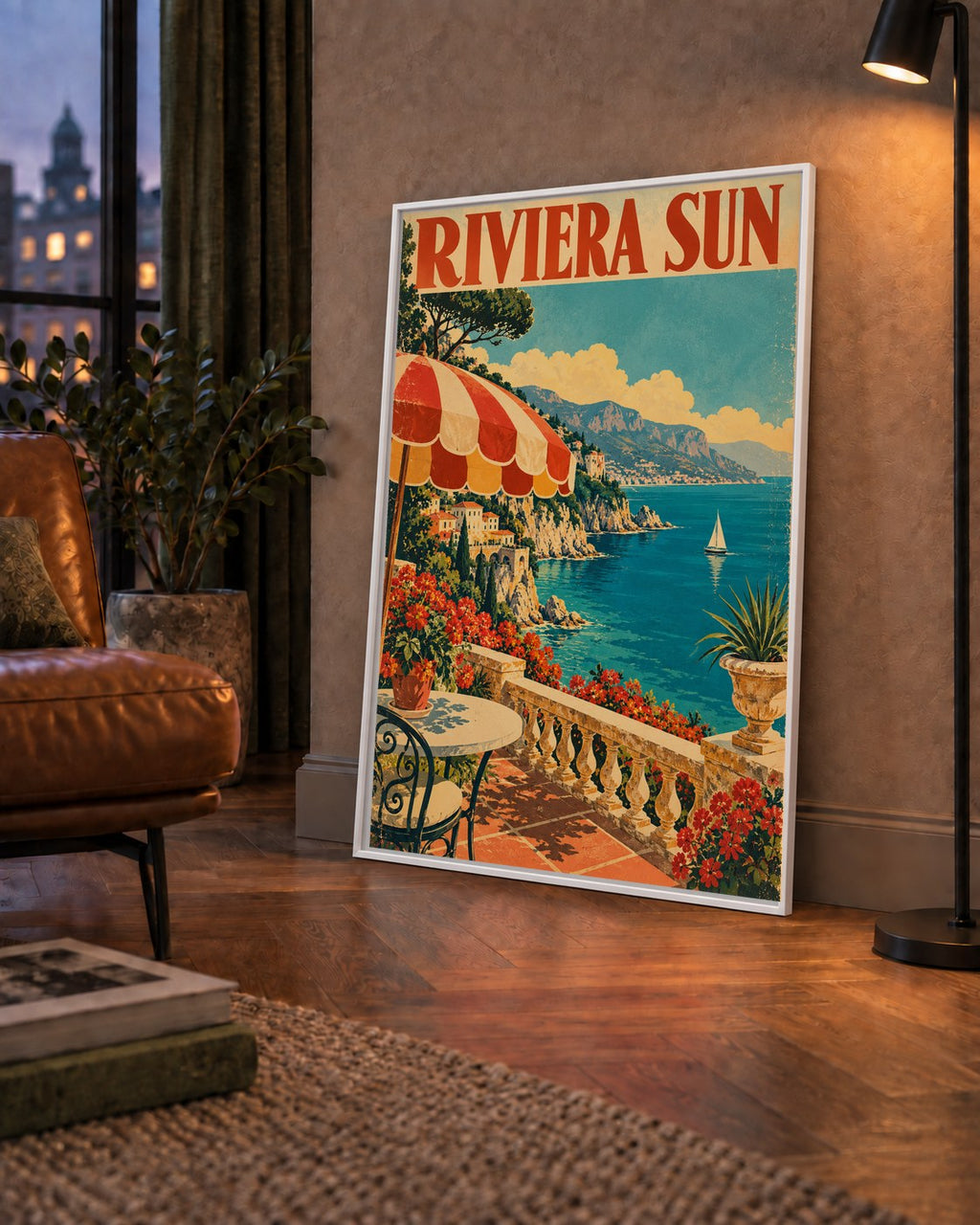 Riviera Sun Vintage Akdeniz Seyahat Afişi — çerçeveli hâliyle bir ev duvarında