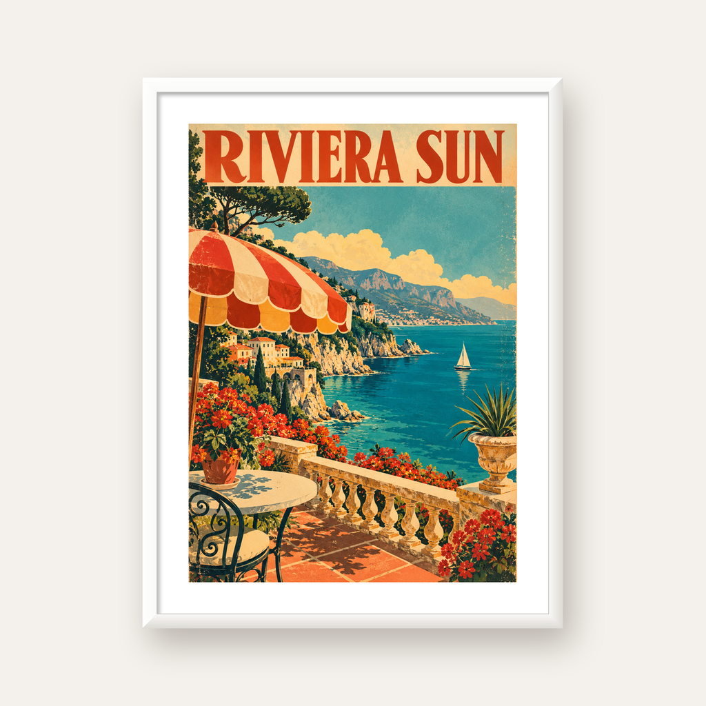 Riviera Sun Vintage Akdeniz Seyahat Afişi — beyaz çerçeveli dikey poster