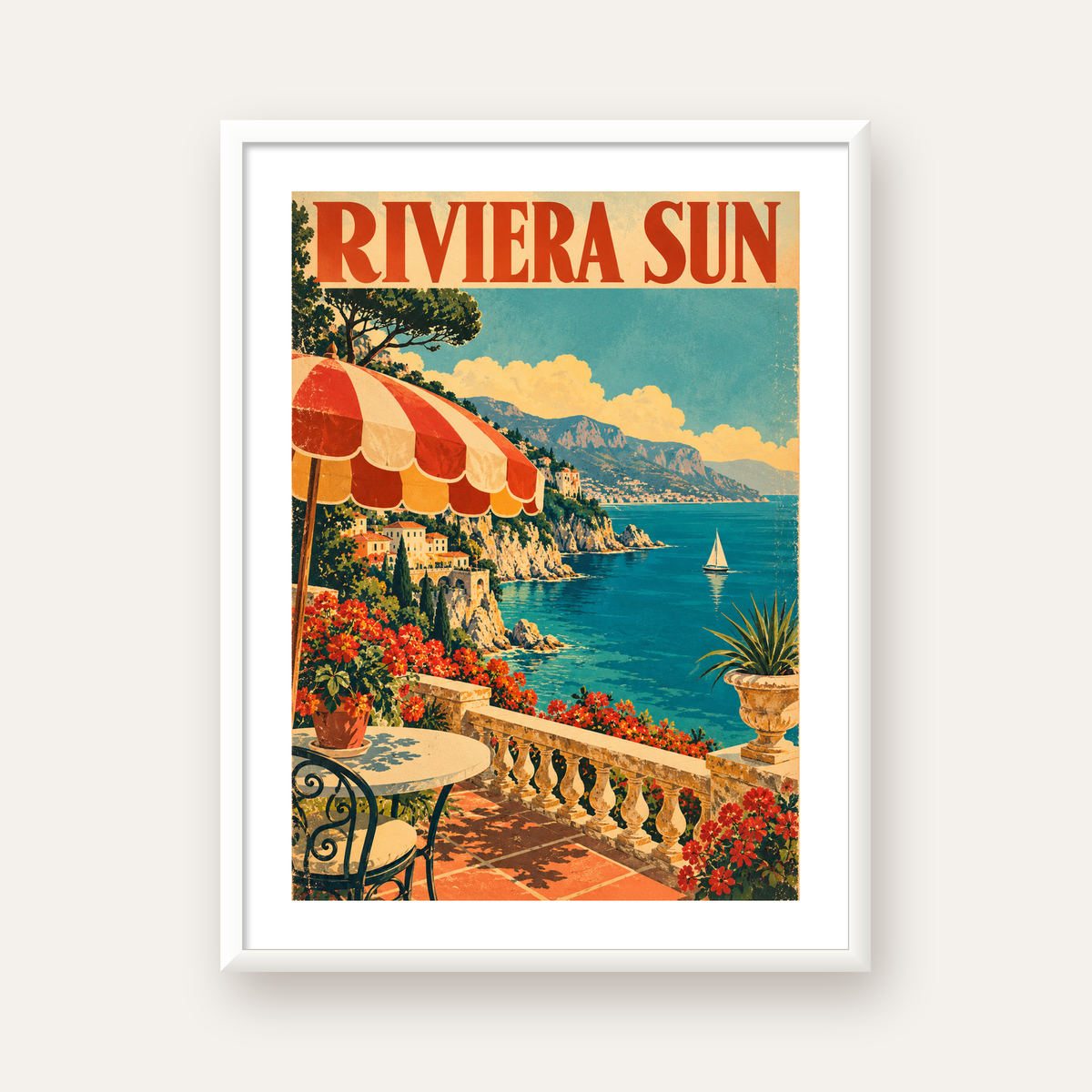 Riviera Sun Vintage Akdeniz Seyahat Afişi — beyaz çerçeveli dikey poster