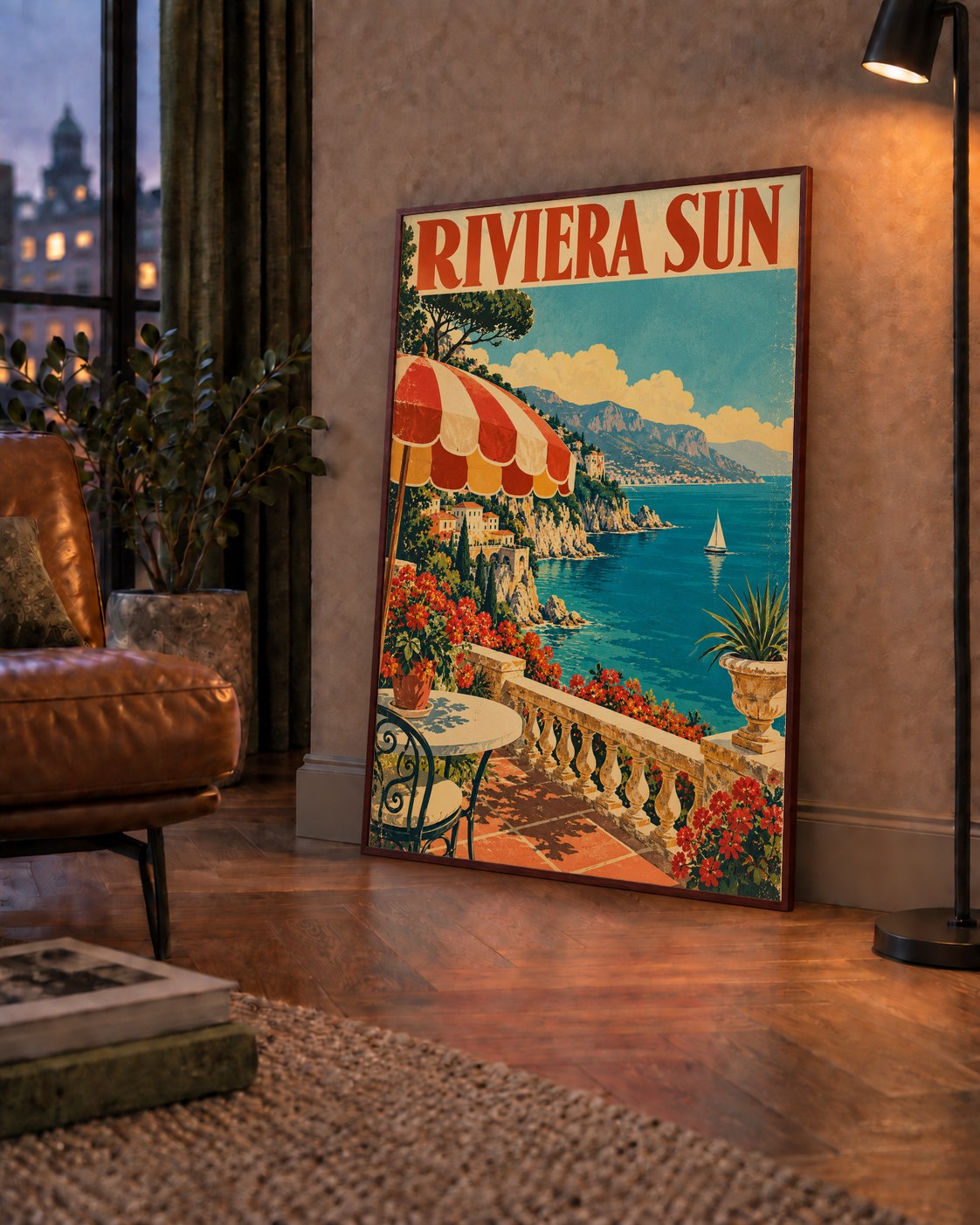 Riviera Sun Vintage Akdeniz Seyahat Afişi — çerçeveli hâliyle bir ev duvarında