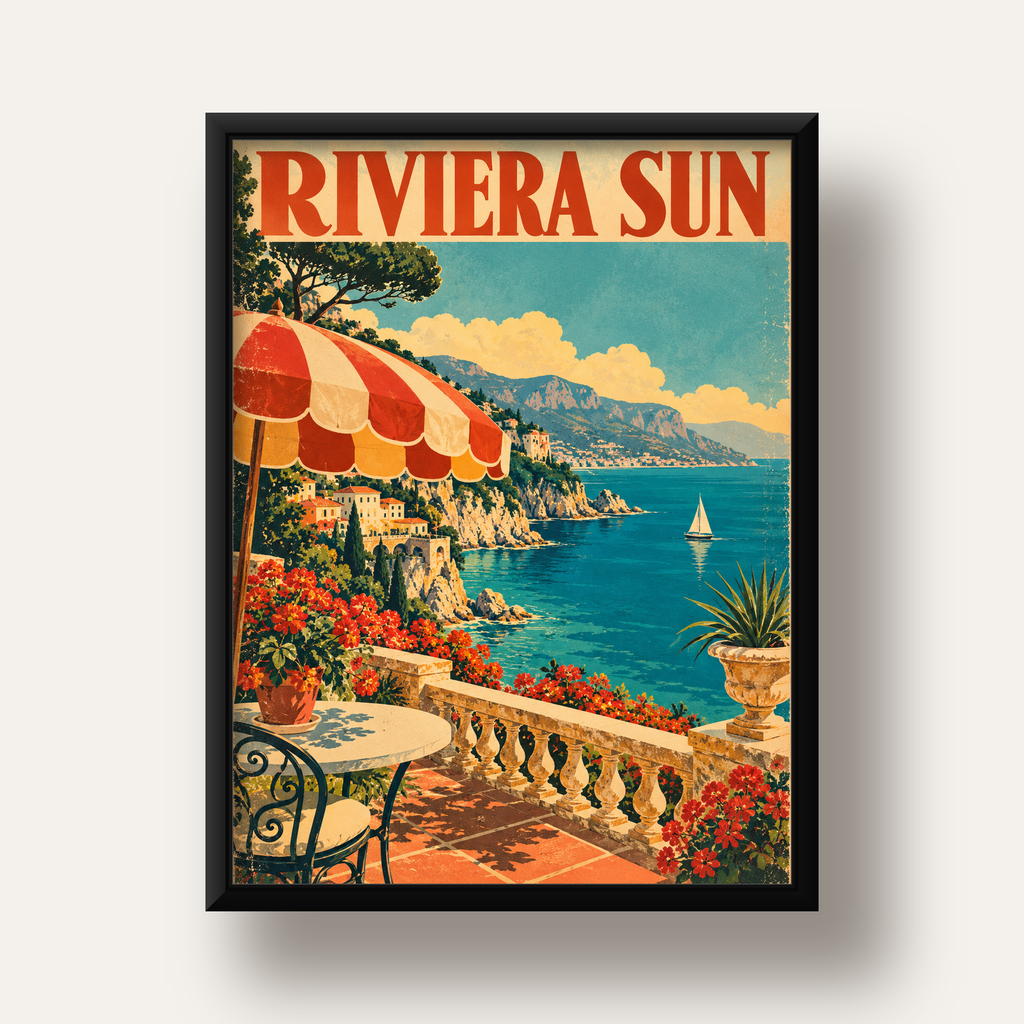 Riviera Sun Vintage Akdeniz Seyahat Afişi — siyah derin çerçeveli