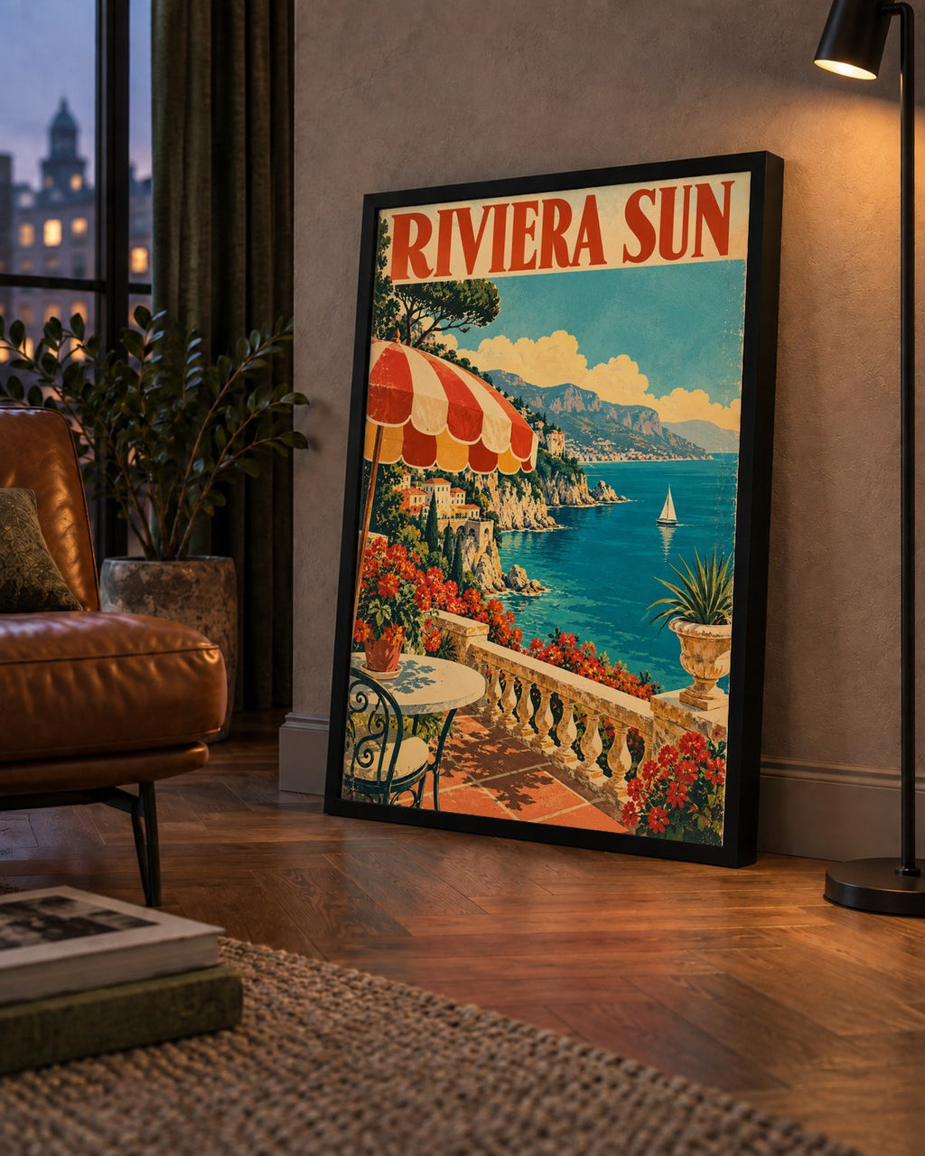 Riviera Sun Vintage Akdeniz Seyahat Afişi — çerçeveli hâliyle bir ev duvarında