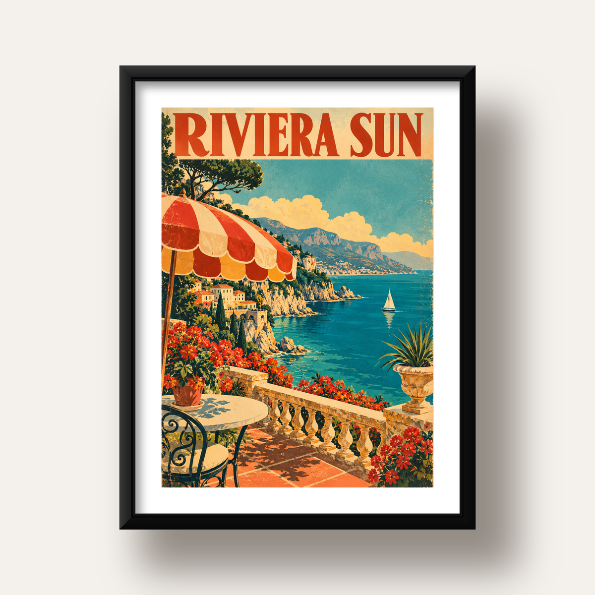 Riviera Sun Vintage Akdeniz Seyahat Afişi — siyah derin çerçeveli paspartulu