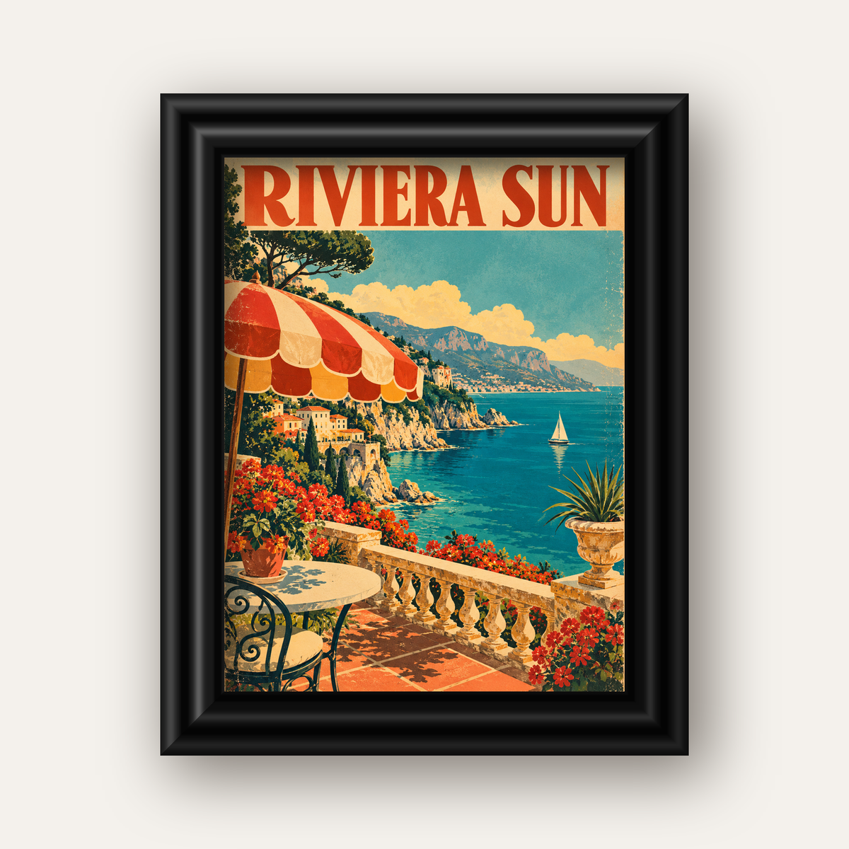 Riviera Sun Vintage Akdeniz Seyahat Afişi — siyah galeri çerçeveli