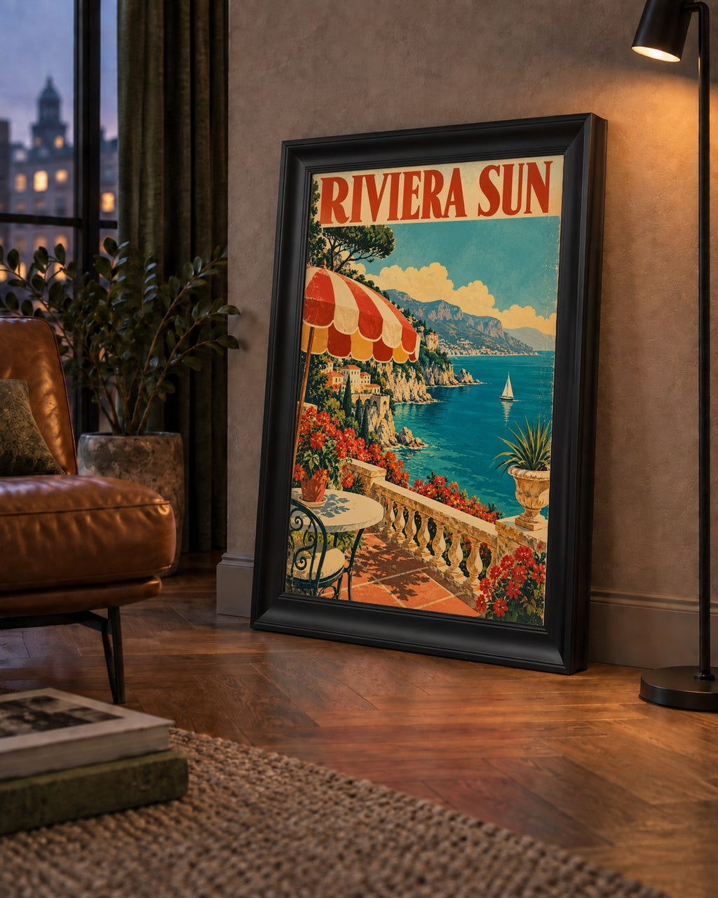 Riviera Sun Vintage Akdeniz Seyahat Afişi — çerçeveli hâliyle bir ev duvarında