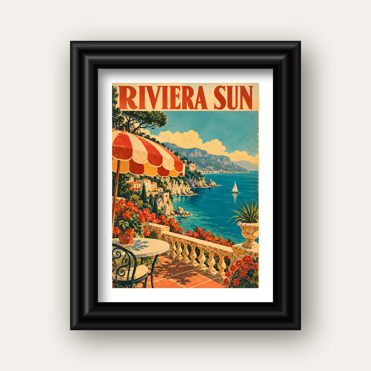 Riviera Sun Vintage Akdeniz Seyahat Afişi — siyah galeri çerçeveli paspartulu