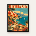 Akdeniz Sahilinde Teras Manzaralı Retro Poster — Dikey baskı, düz siyah çerçeveli duvar posteri