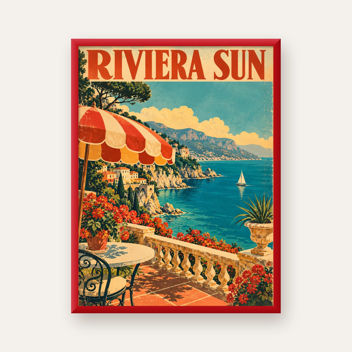 Riviera Sun Vintage Akdeniz Seyahat Afişi — kırmızı çerçeveli