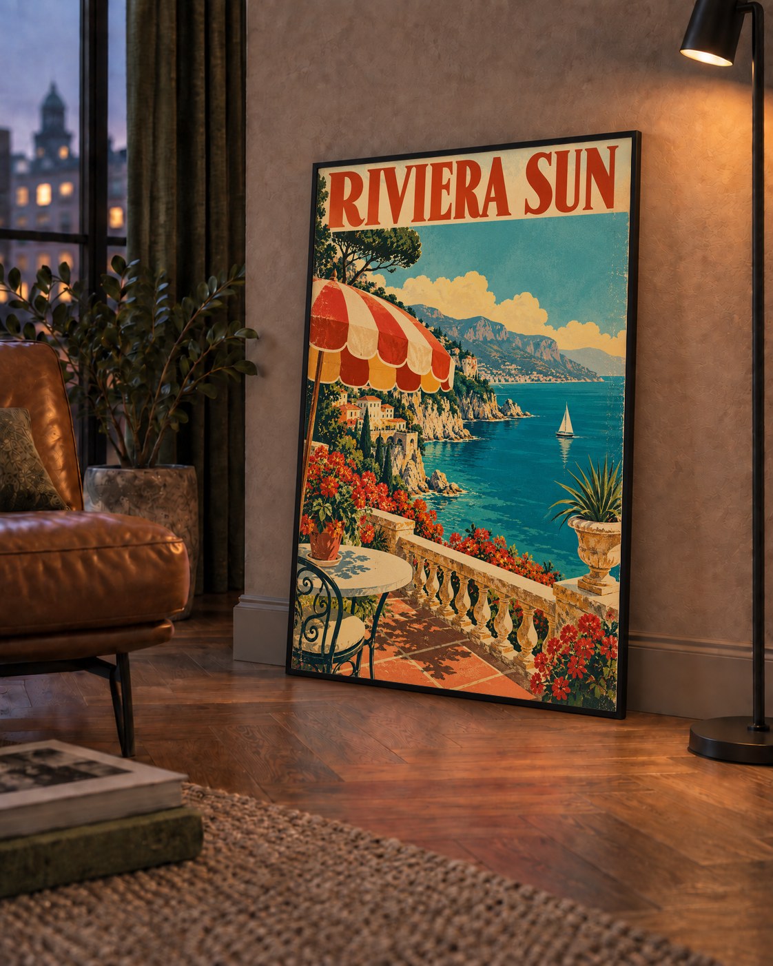 Riviera Sun Vintage Akdeniz Seyahat Afişi — çerçeveli hâliyle bir ev duvarında