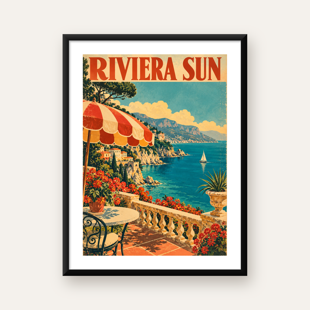 Akdeniz Sahilinde Teras Manzaralı Retro Poster — Dikey baskı, beyaz kenar boşluklu