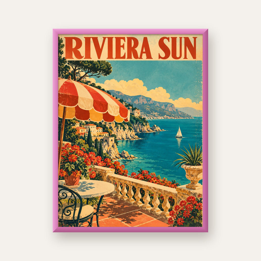 Riviera Sun Vintage Akdeniz Seyahat Afişi — pembe çerçeveli