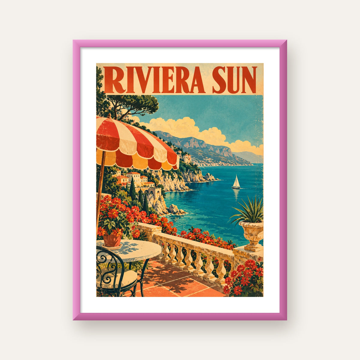 Riviera Sun Vintage Akdeniz Seyahat Afişi — pembe çerçeveli paspartulu