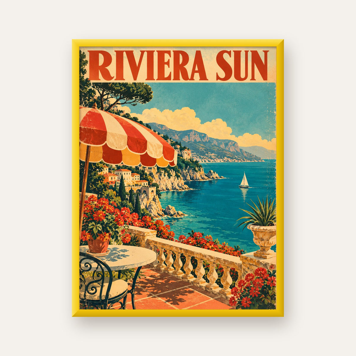 Riviera Sun Vintage Akdeniz Seyahat Afişi — sarı çerçeveli
