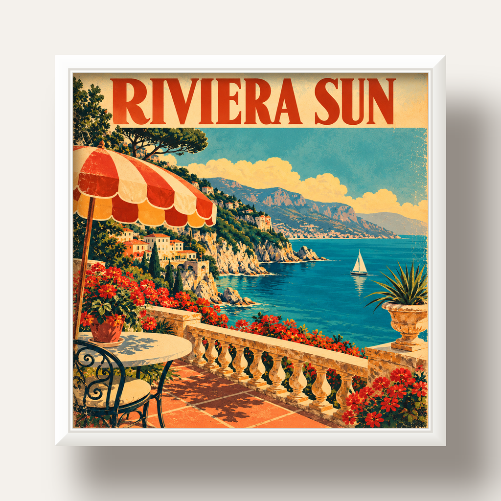 Riviera Sun Vintage Akdeniz Seyahat Afişi — beyaz derin çerçeveli