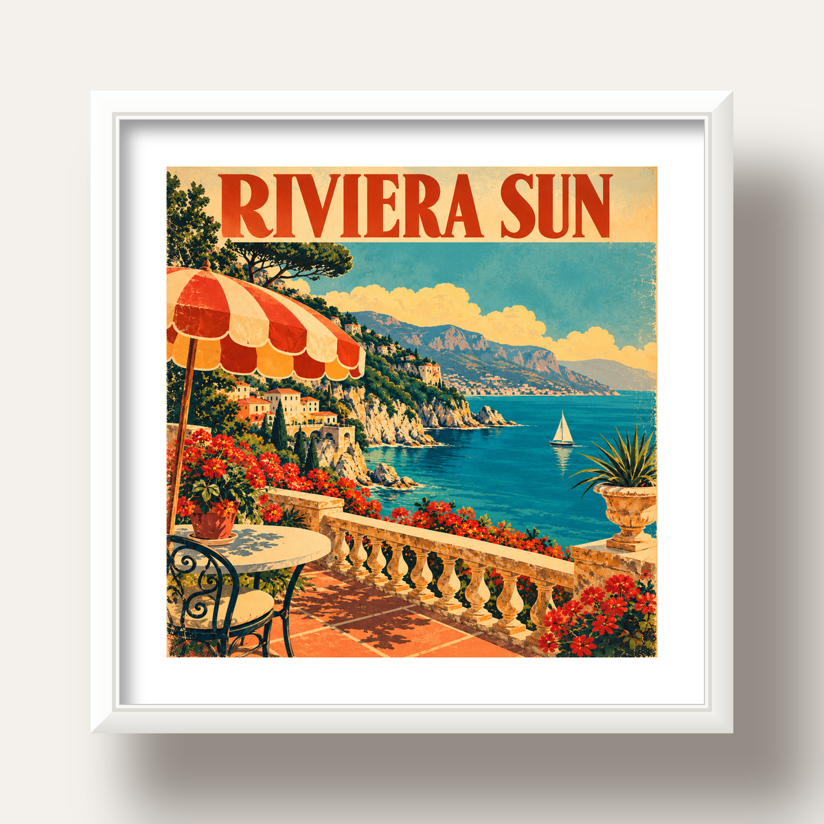 Riviera Sun Vintage Akdeniz Seyahat Afişi — beyaz derin çerçeveli paspartulu