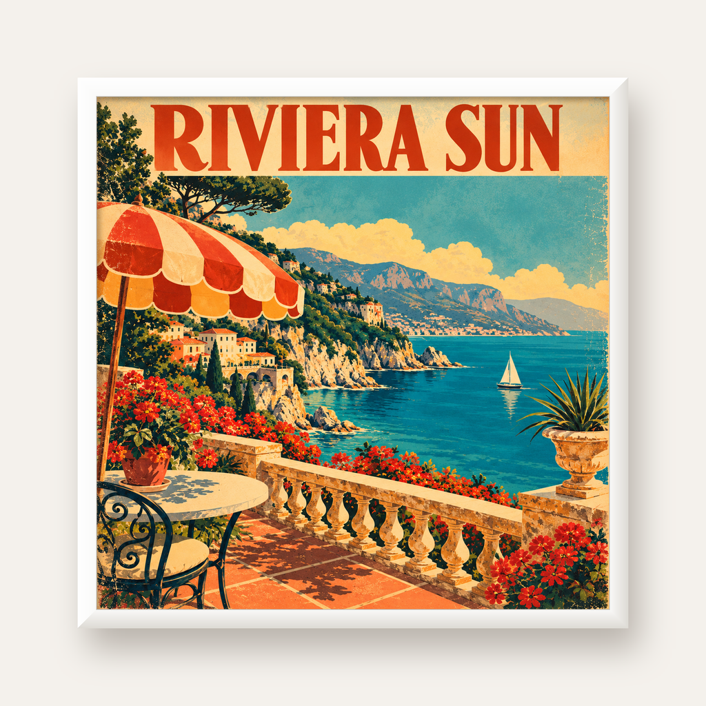 Riviera Sun Vintage Akdeniz Seyahat Afişi — beyaz çerçeveli kare poster