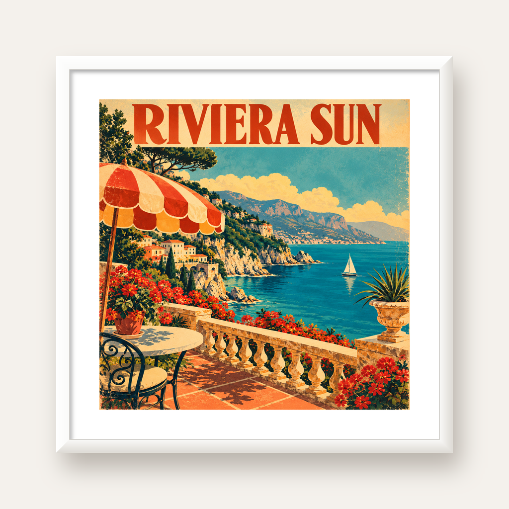 Riviera Sun Vintage Akdeniz Seyahat Afişi — beyaz çerçeveli kare poster